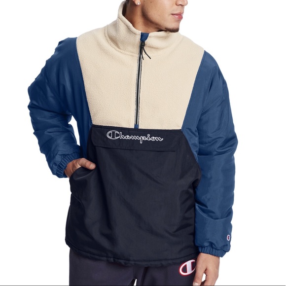 Champion Stadium Sherpa Men's 1/2 Zip Anorak Jacket Blue Sweater